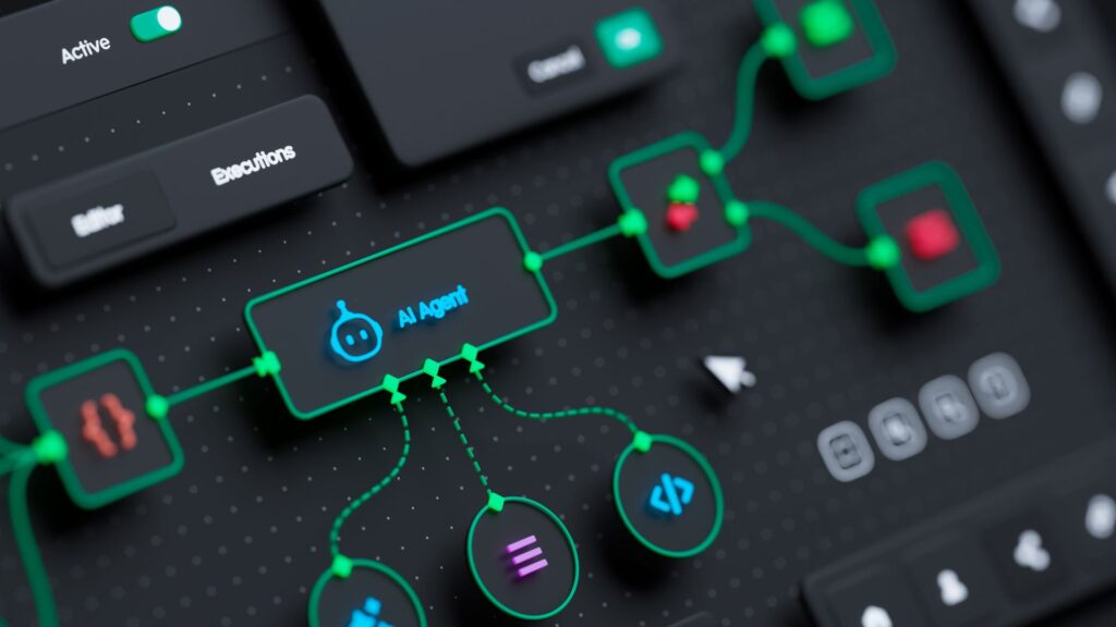 Digital stage with glowing data lines and AI icons representing the technological content of an onlyfans agency